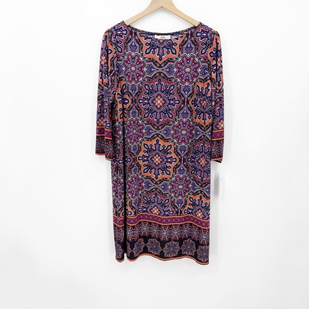 Wisp Anaisey Jersey Dress Medallion Print Shift Purple 14W Boho Mod Artistic